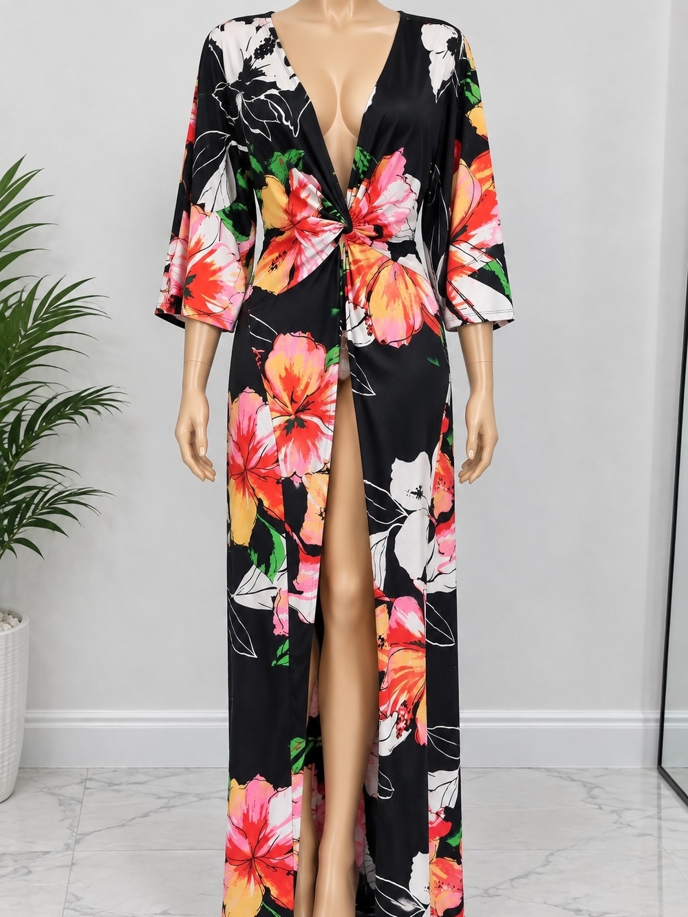 Jones New York Black Floral Twist-Front Maxi Robe with Pink & Orange Flowers